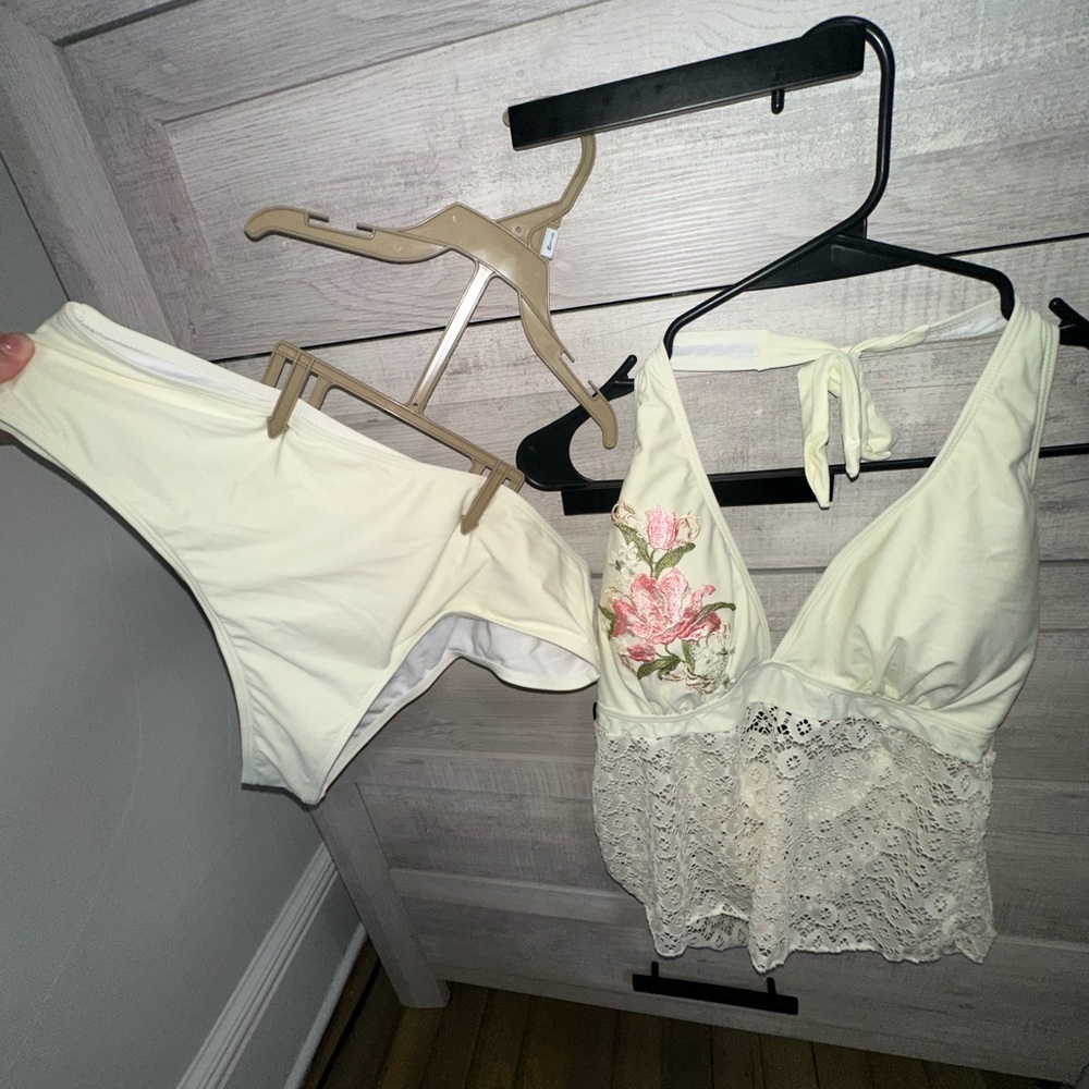 SHEIN Embroidered Floral Hollow Out Lace tank 2 piece bikini set